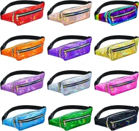 12 Pieces Holographic Fanny Packs for Women Kids, Metallic Color Sport Waistbags Shiny Waist Pack with Adjustable Belts for 80s Rave Outdoor Activities (Chic Style)