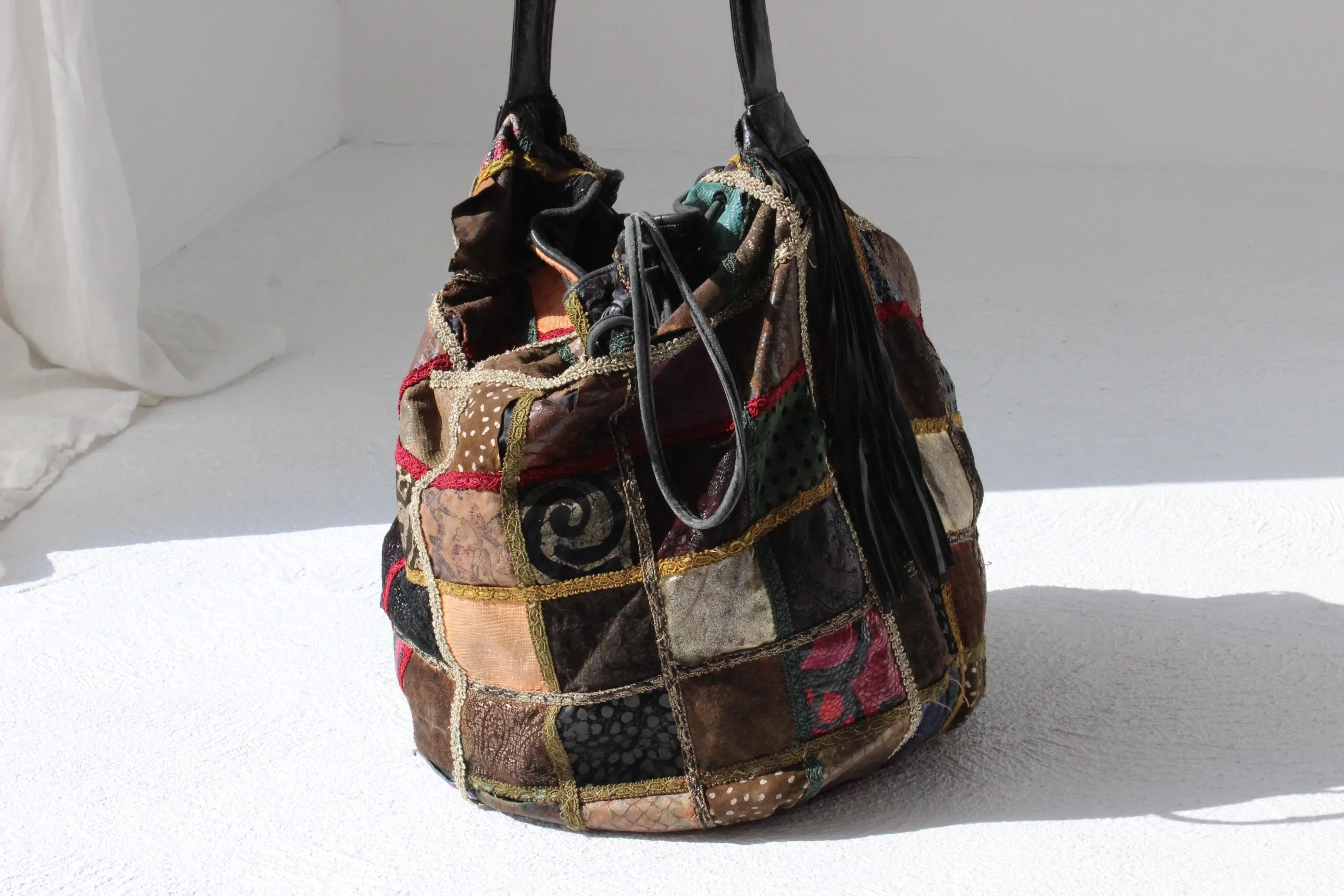 80s Leather Patchwork Drawstring Bag by Braccialini