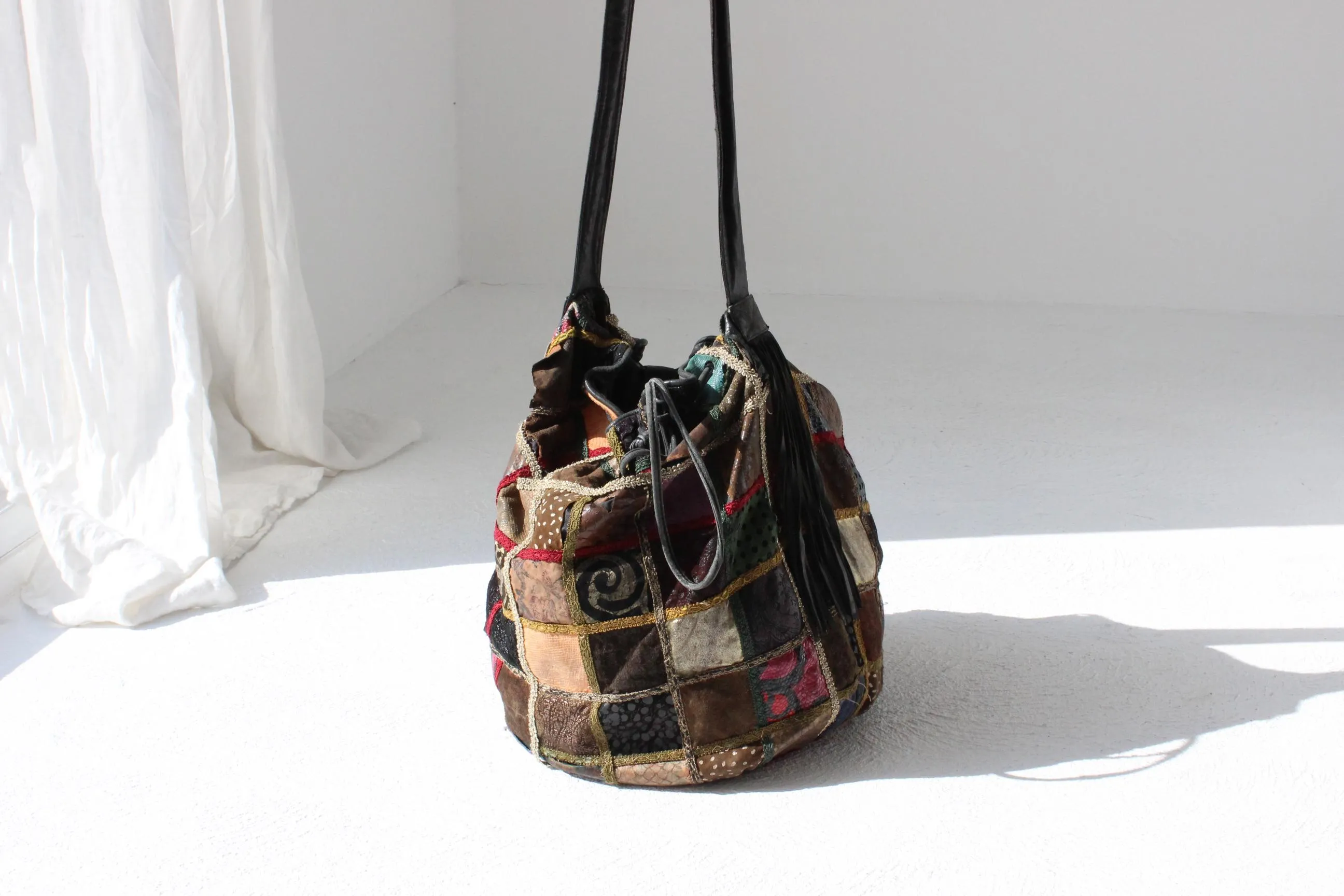 80s Leather Patchwork Drawstring Bag by Braccialini