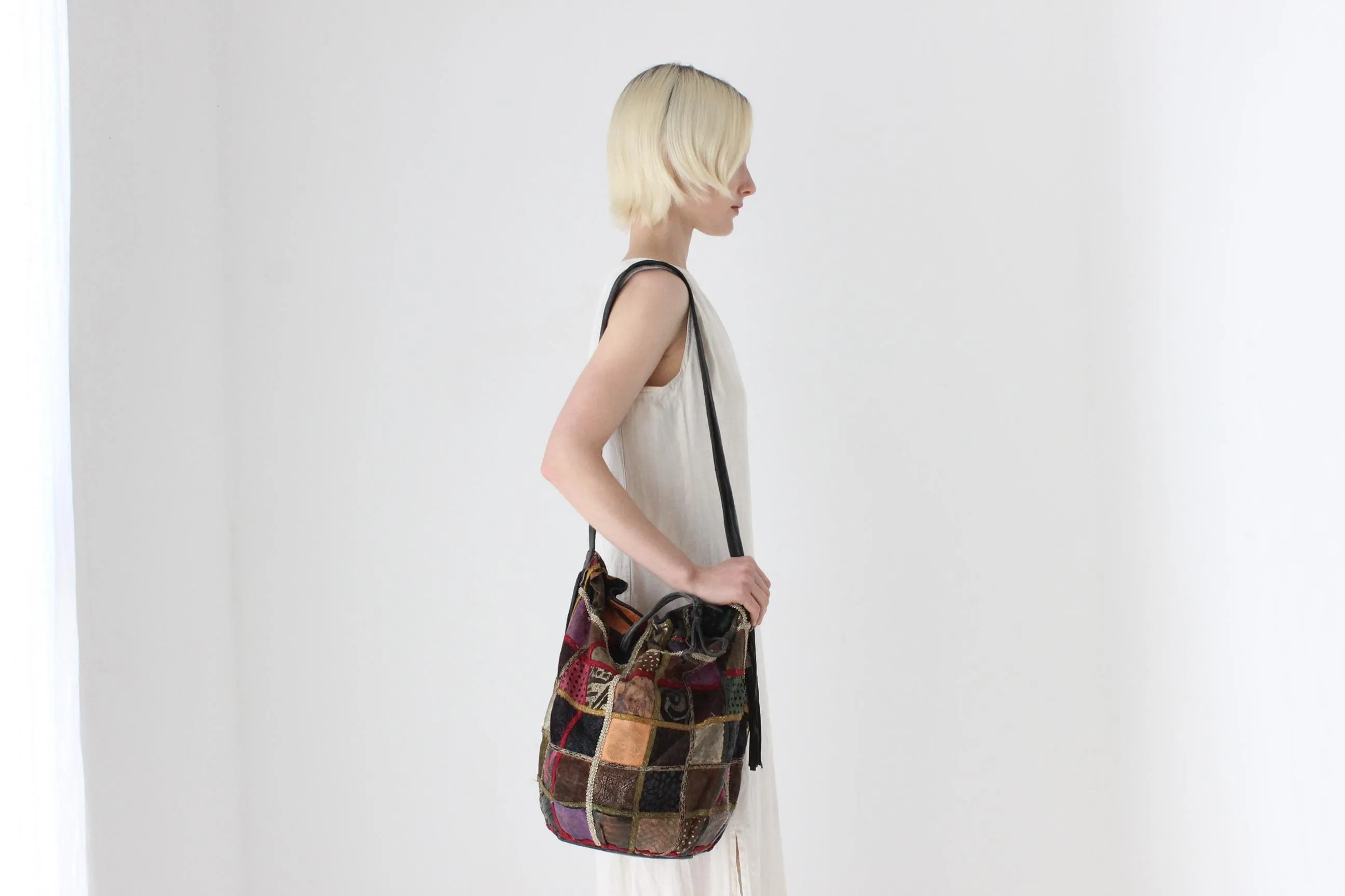80s Leather Patchwork Drawstring Bag by Braccialini