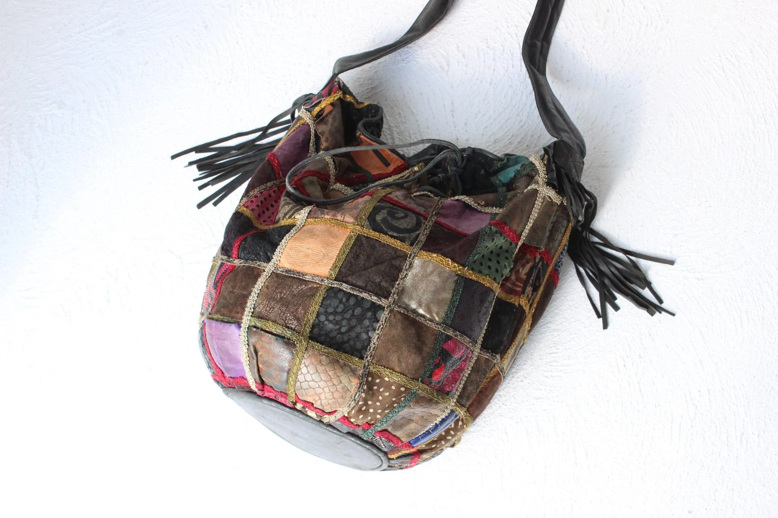 80s Leather Patchwork Drawstring Bag by Braccialini