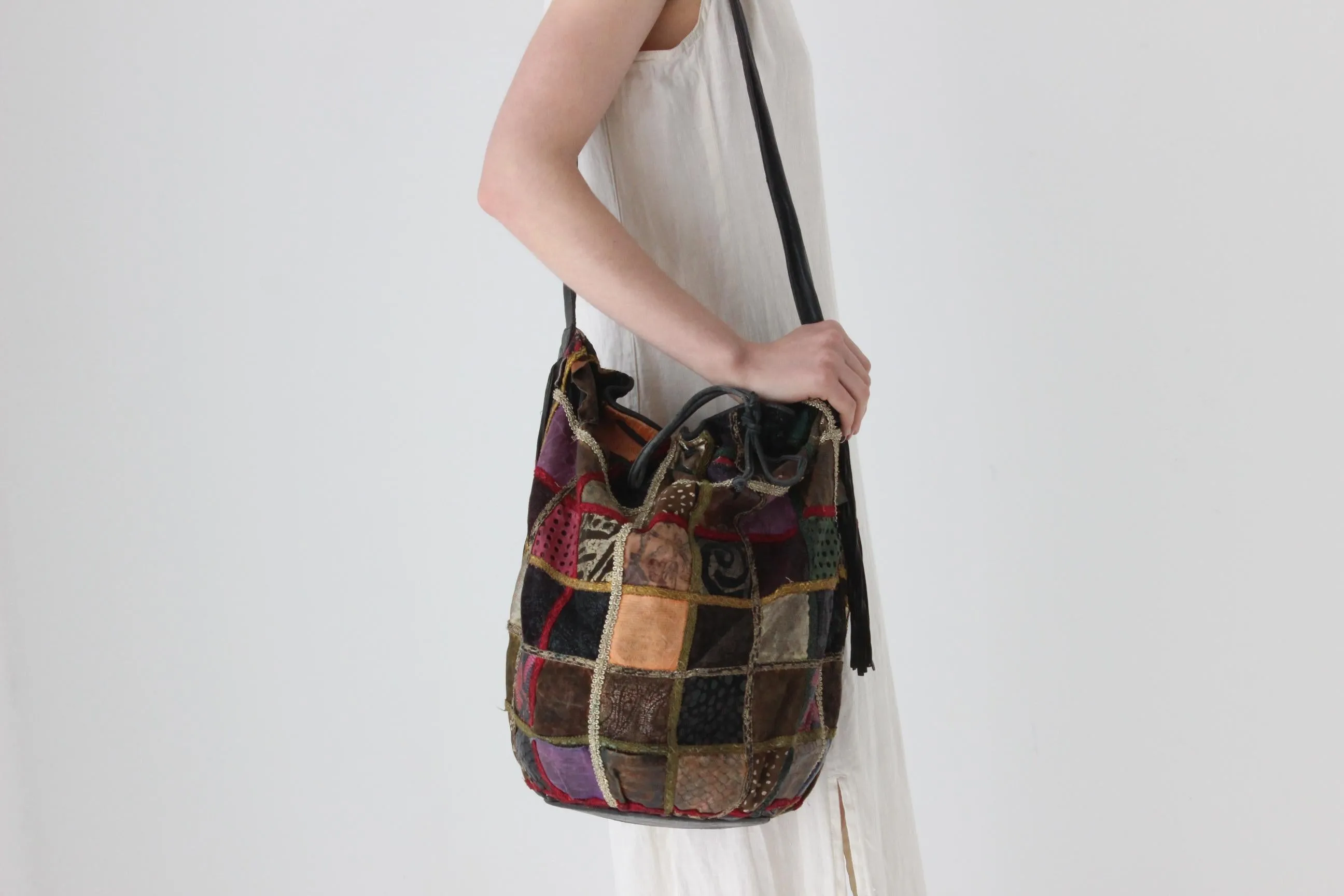 80s Leather Patchwork Drawstring Bag by Braccialini