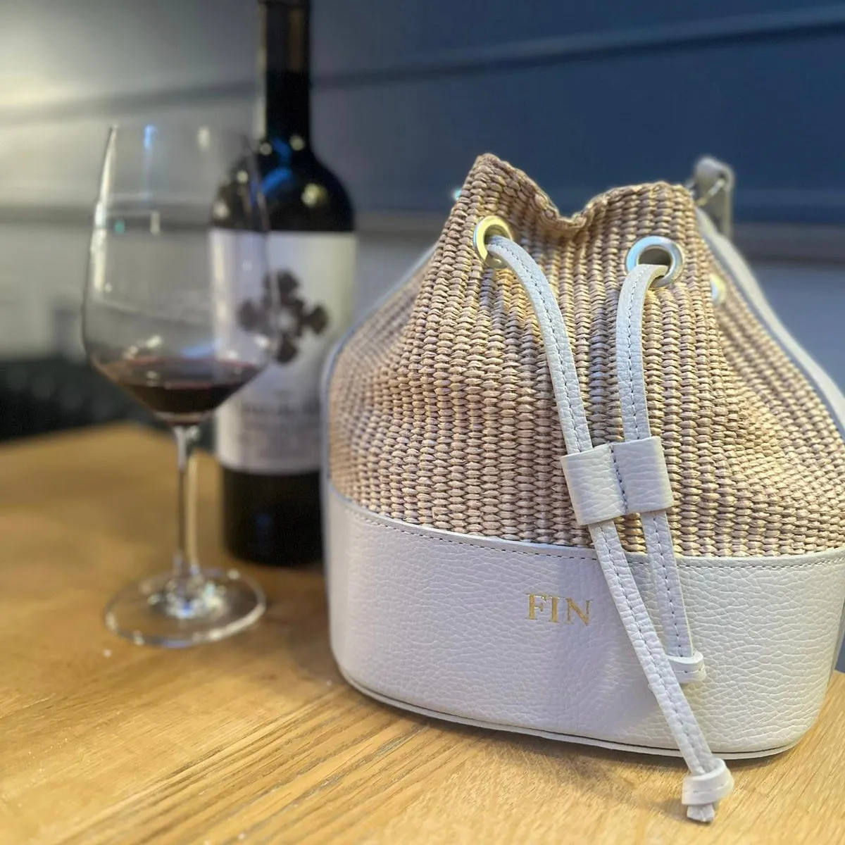 Amara Personalised Leather Raffia Bucket Bag