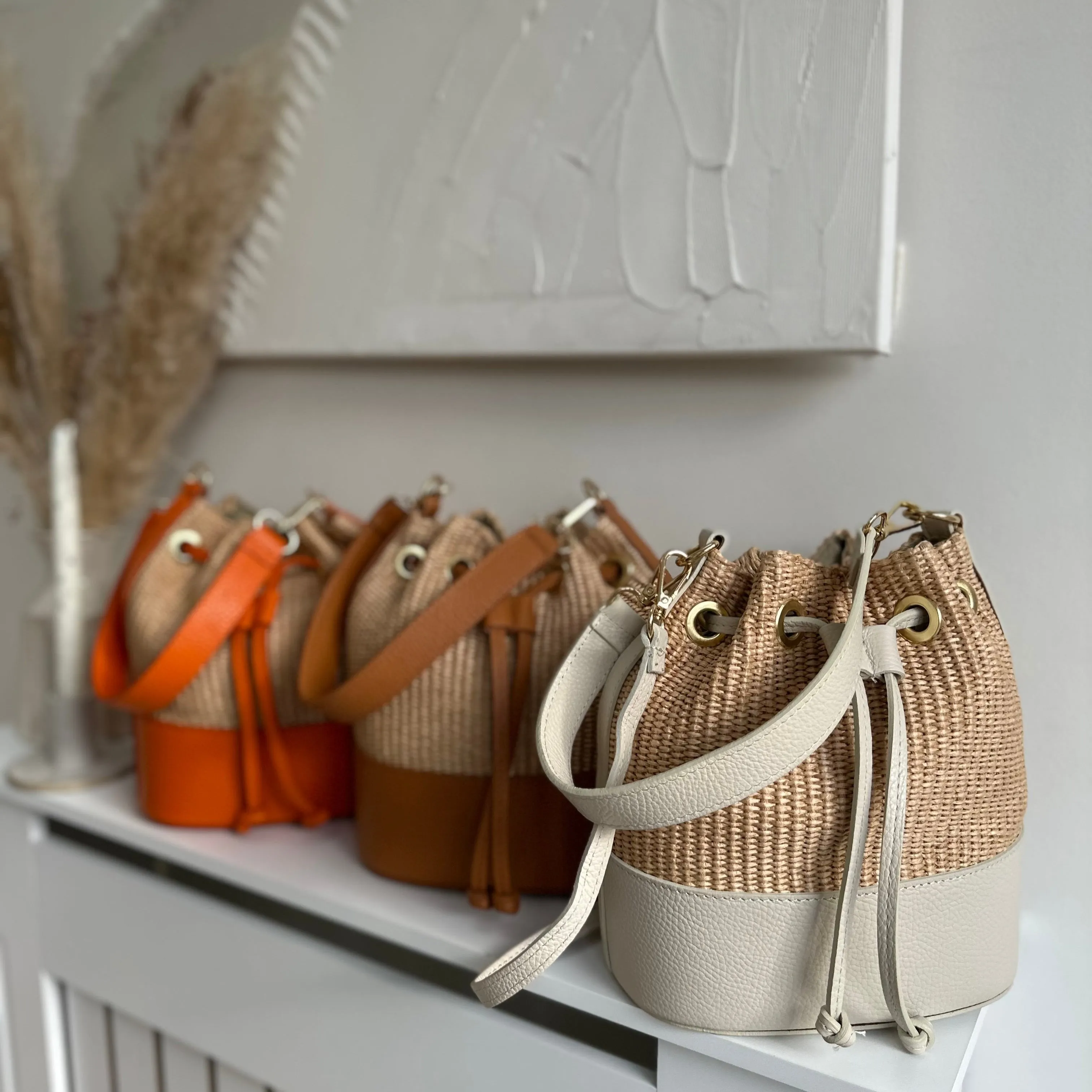 Amara Personalised Leather Raffia Bucket Bag