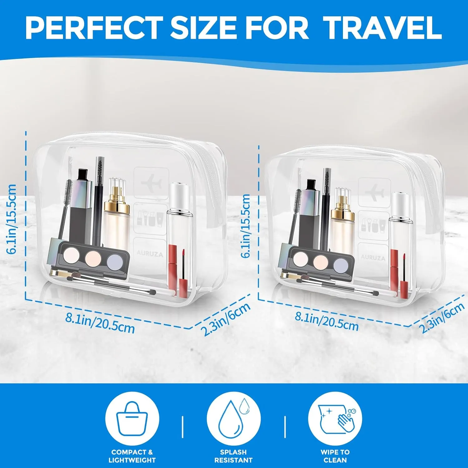 AURUZA 2 Pack Travel Toiletry Bag, Clear Makeup Bag, TSA Approved Cosmetic Bag with Zipper, Clear Organizer Carry on Bag for Women, PVC Cosmetic Pouch for Airport Airline Compliant