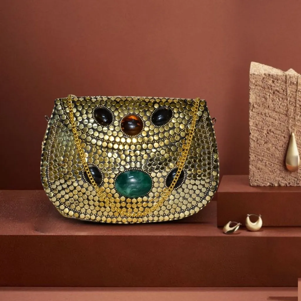 Beaded Druzzy Stone Metal Clutch
