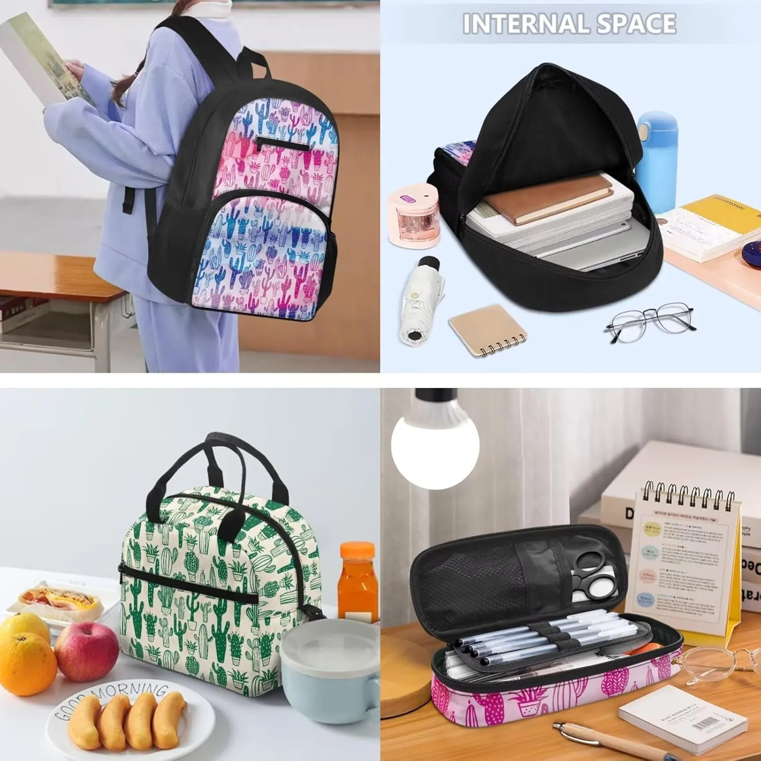 Cactus Color Pattern Print 3pcs 16.9 In School Backpack Set with Lunch Box & Pencil Case, Lightweight Durable Backpack, Tote Bag with Shoulder Strap for Students & School Daily Use