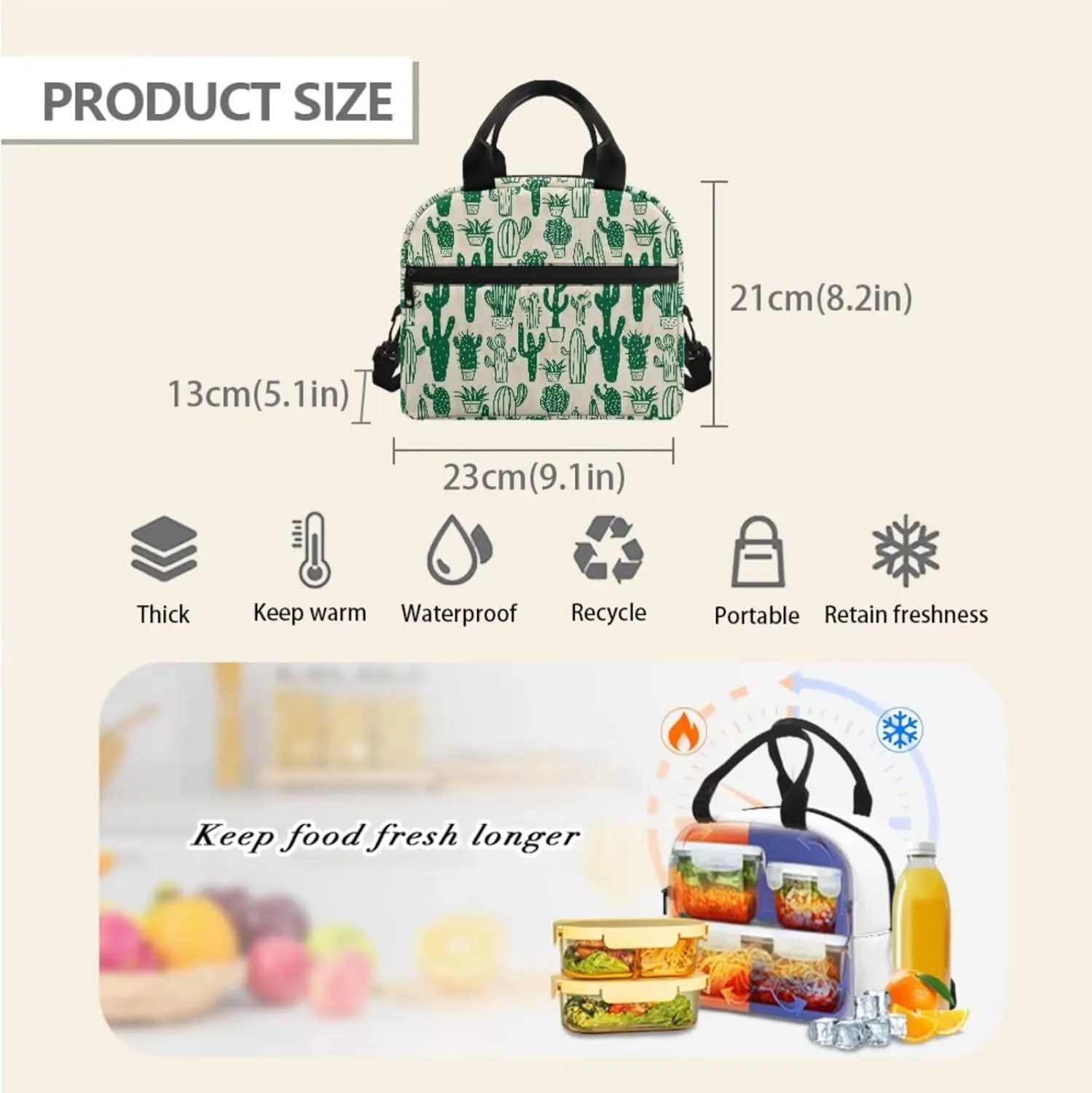 Cactus Color Pattern Print 3pcs 16.9 In School Backpack Set with Lunch Box & Pencil Case, Lightweight Durable Backpack, Tote Bag with Shoulder Strap for Students & School Daily Use