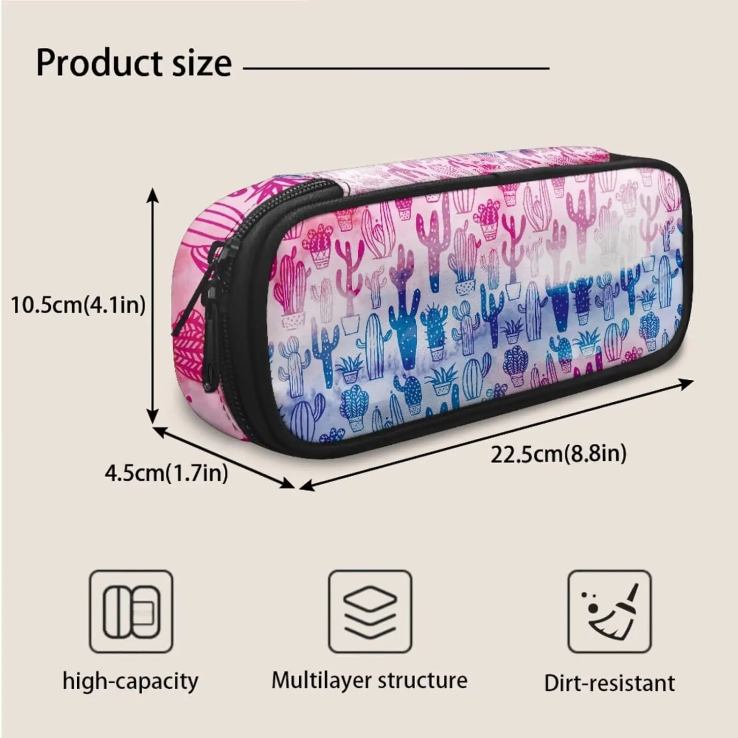 Cactus Color Pattern Print 3pcs 16.9 In School Backpack Set with Lunch Box & Pencil Case, Lightweight Durable Backpack, Tote Bag with Shoulder Strap for Students & School Daily Use