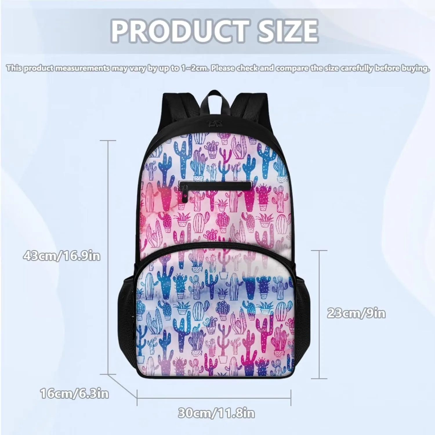 Cactus Color Pattern Print 3pcs 16.9 In School Backpack Set with Lunch Box & Pencil Case, Lightweight Durable Backpack, Tote Bag with Shoulder Strap for Students & School Daily Use