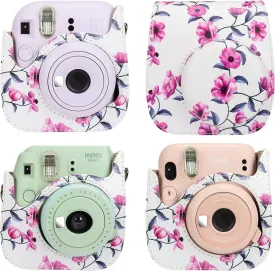 Camera Case Bag Compatible with Fujifilm instax Mini 12 11 9 instant camera,PU Leather Bag with and Adjustable Shoulder Strap (floral pattern)