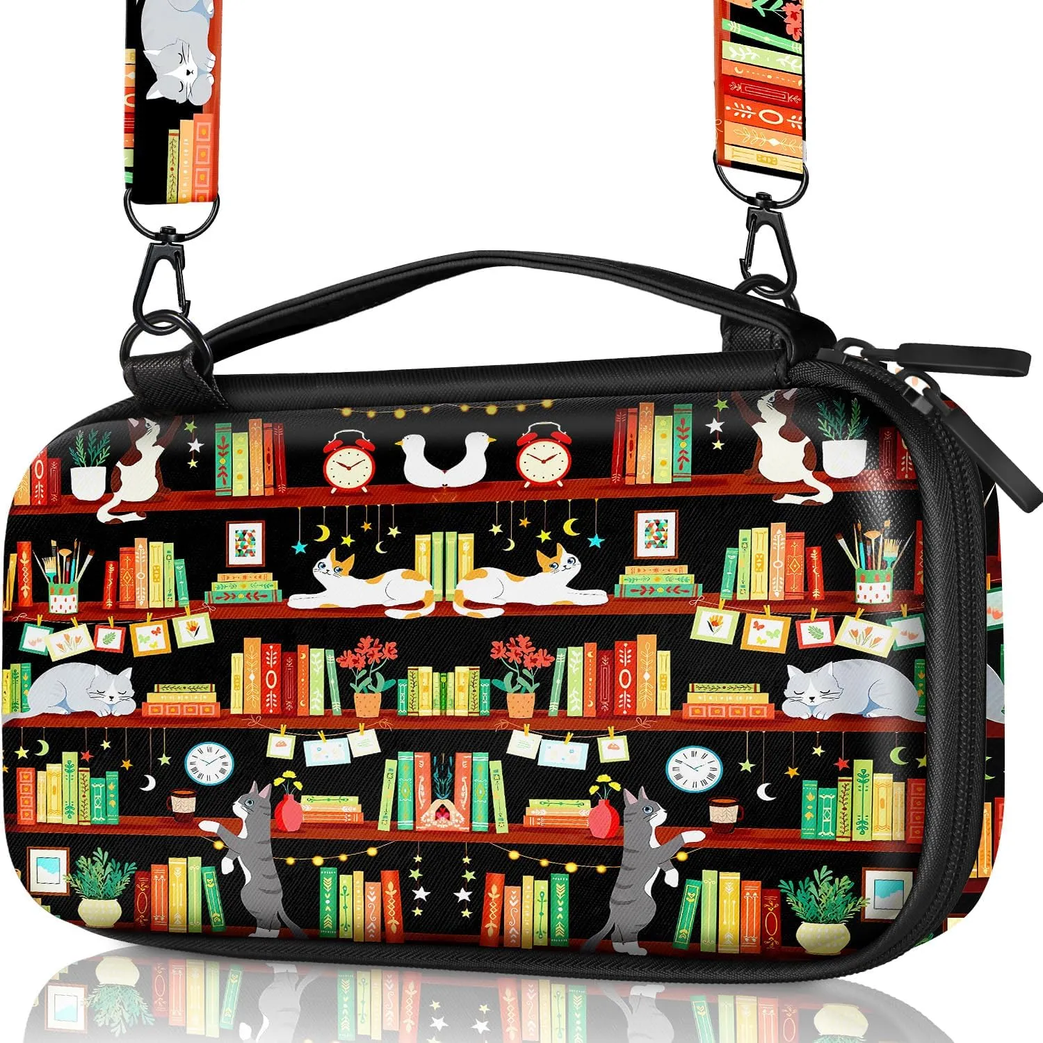 Carrying Case for Nintendo Switch Lite Travel Carry Cases Hard Shell Protective Cover Strap Bookshelf Cat Cute Girls Boys Accessories Storage Protector Pouch Bag for Nintendo Switch Lite 2019