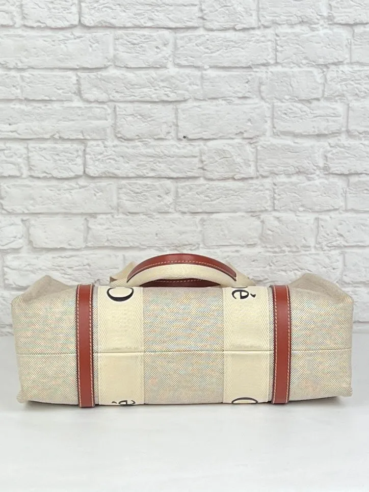 Chloe Woody Linen Tote, White/Brown