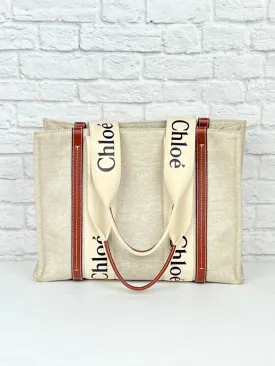 Chloe Woody Linen Tote, White/Brown