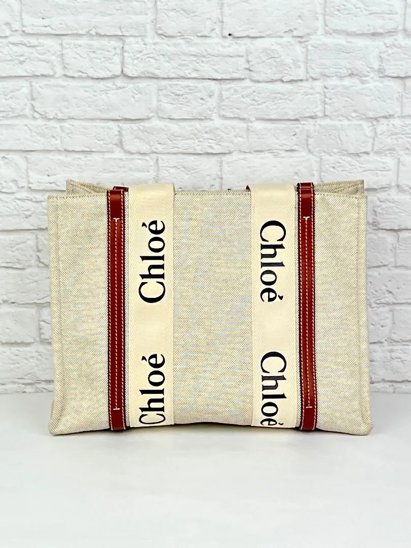Chloe Woody Linen Tote, White/Brown