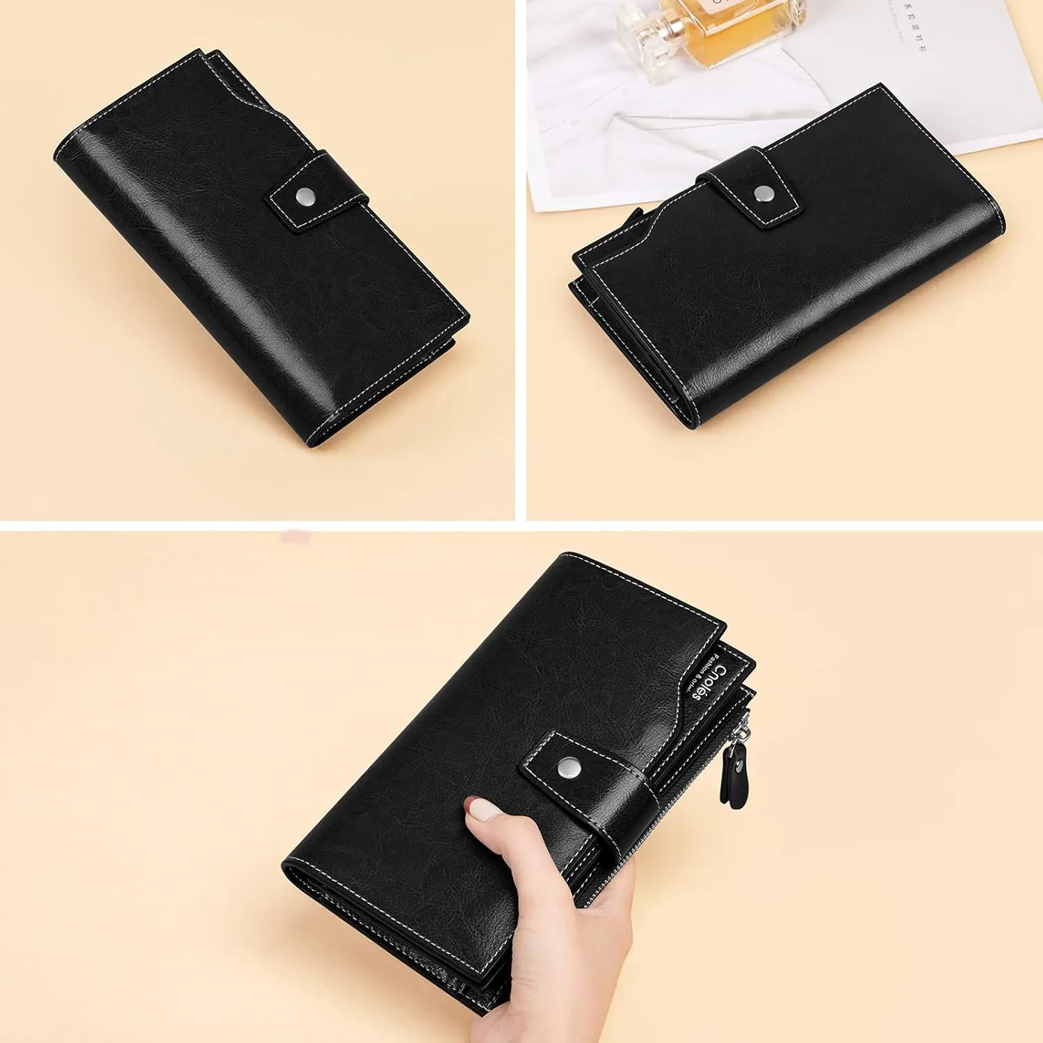 Cnoles Womens Wallet Genuine Leather Large Capacity Wristlet Clutch Purse Credit Card Holder with RFID Blocking Purse