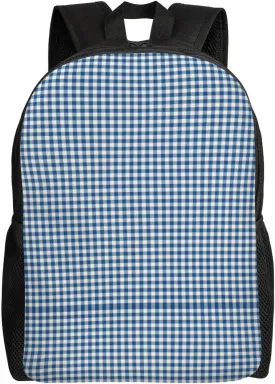 Cute Navy Blue Gingham Plaid Minimalist Laptop Backpack  Waterproof Business Travel Bag, Breathable Design, Modern Work & Leisure