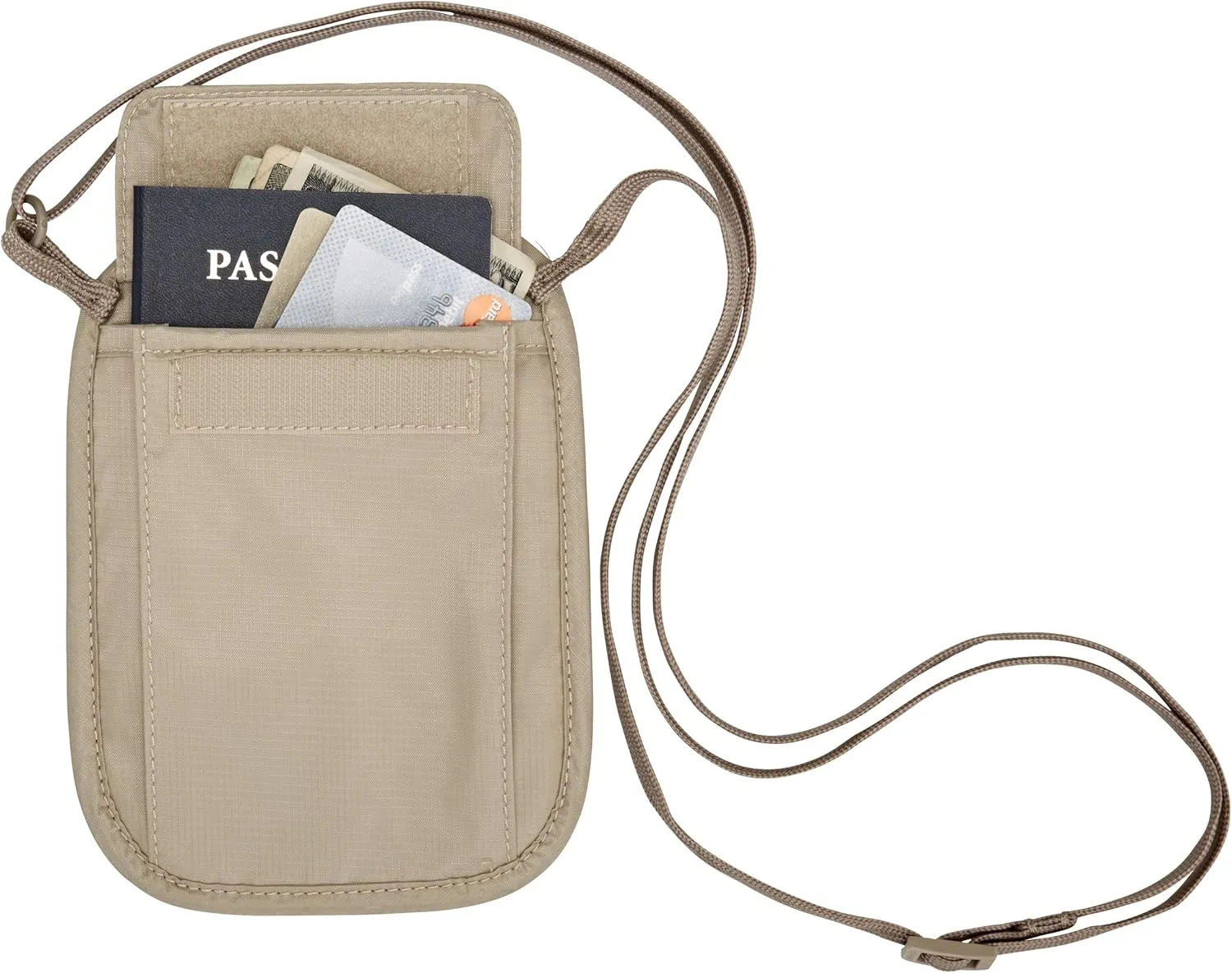 eagle creek RFID Blocker Neck Wallet - Durable and Lightweight Travel Passport and Valuables Organizer with Hook and Loop Closure and Adjustable Neck Strap, Tan