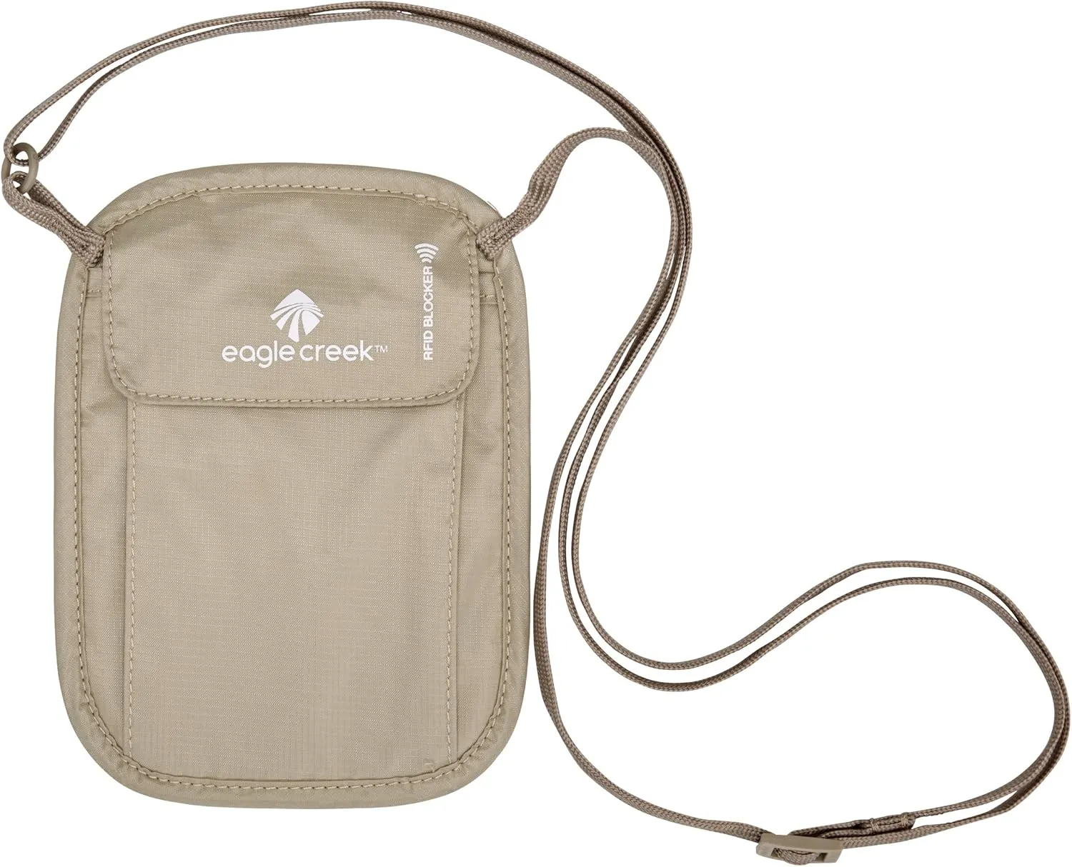eagle creek RFID Blocker Neck Wallet - Durable and Lightweight Travel Passport and Valuables Organizer with Hook and Loop Closure and Adjustable Neck Strap, Tan