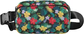 Fanny Pack Belt Bag for Women Palm Leaves Hibiscus Flowers Pattern Fashion Crossbody Bag Waist Pack Sling Backpack with Adjustable Strap