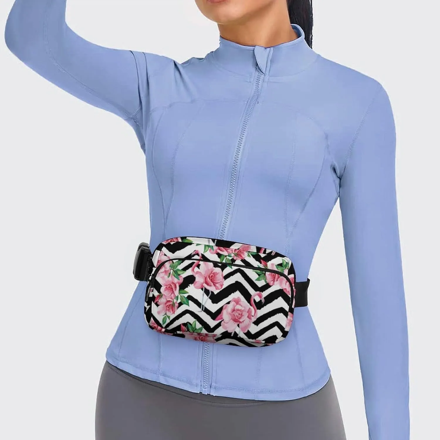 Fanny Pack for Women Men Tropical Pink Flamingos Belt Bag Black And White Zigzag Pink Floral Summer Waist Pack Bum Bag for Running Cycling Hiking Travel Workout with Adjustable Strap