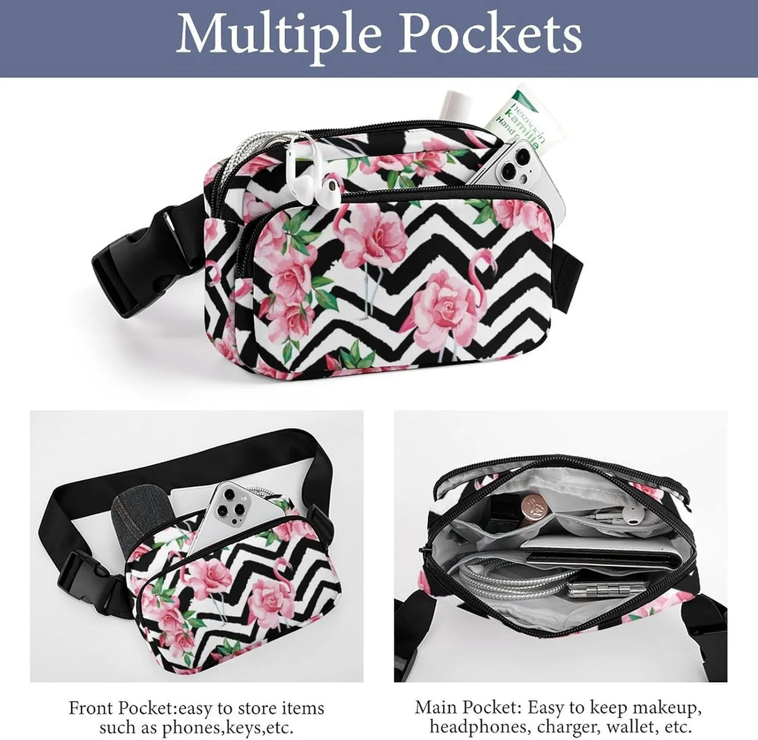 Fanny Pack for Women Men Tropical Pink Flamingos Belt Bag Black And White Zigzag Pink Floral Summer Waist Pack Bum Bag for Running Cycling Hiking Travel Workout with Adjustable Strap