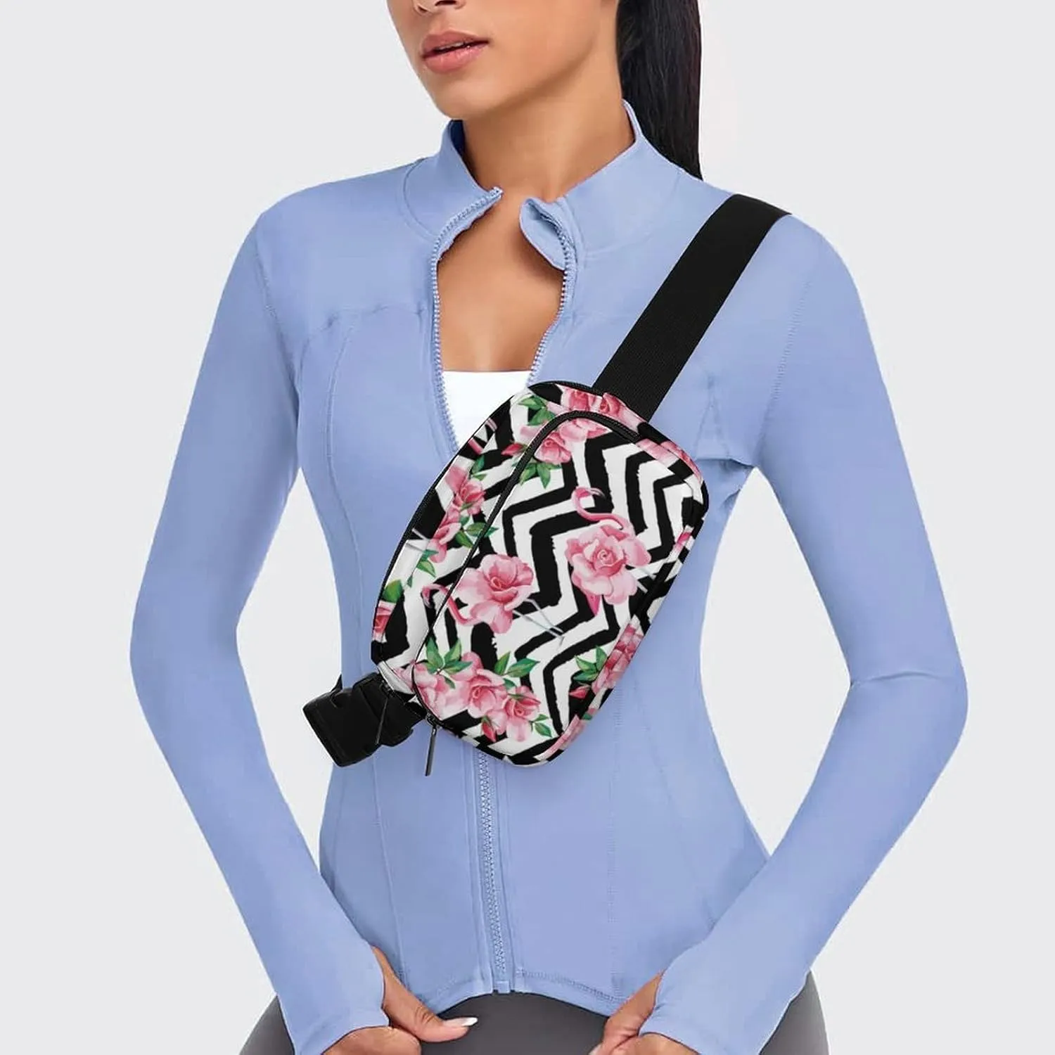 Fanny Pack for Women Men Tropical Pink Flamingos Belt Bag Black And White Zigzag Pink Floral Summer Waist Pack Bum Bag for Running Cycling Hiking Travel Workout with Adjustable Strap