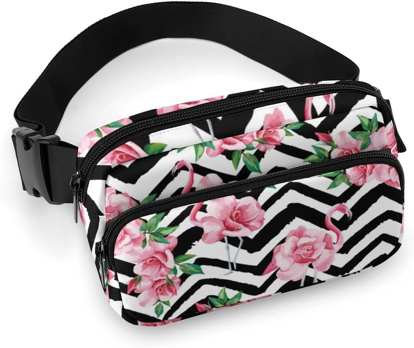 Fanny Pack for Women Men Tropical Pink Flamingos Belt Bag Black And White Zigzag Pink Floral Summer Waist Pack Bum Bag for Running Cycling Hiking Travel Workout with Adjustable Strap