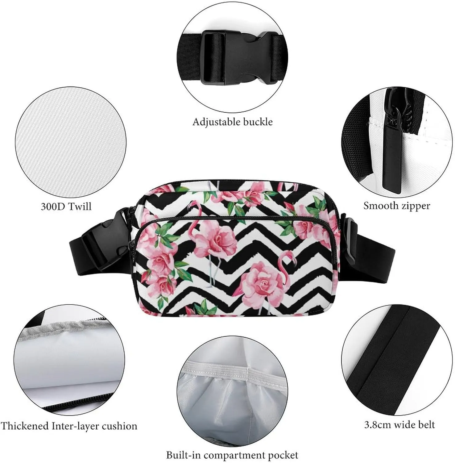 Fanny Pack for Women Men Tropical Pink Flamingos Belt Bag Black And White Zigzag Pink Floral Summer Waist Pack Bum Bag for Running Cycling Hiking Travel Workout with Adjustable Strap