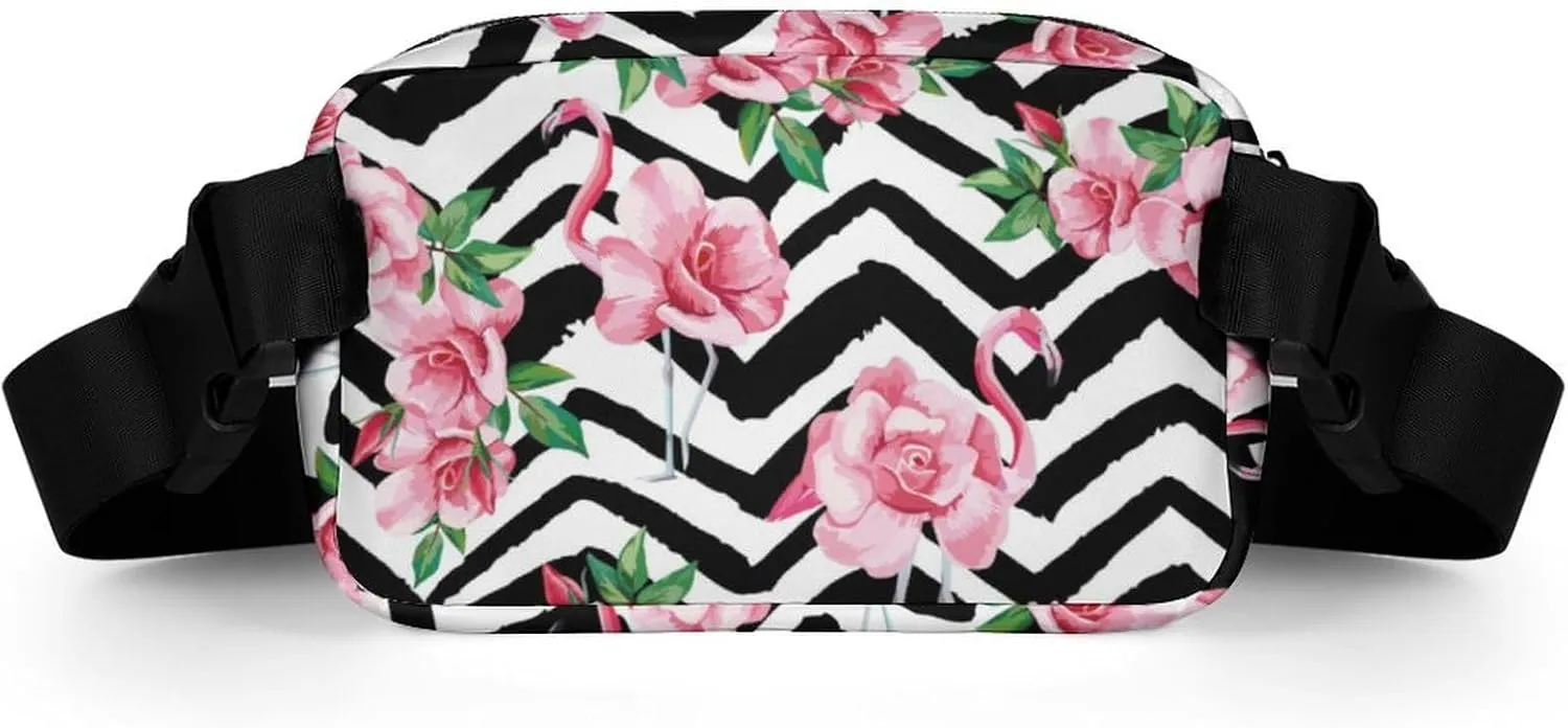 Fanny Pack for Women Men Tropical Pink Flamingos Belt Bag Black And White Zigzag Pink Floral Summer Waist Pack Bum Bag for Running Cycling Hiking Travel Workout with Adjustable Strap