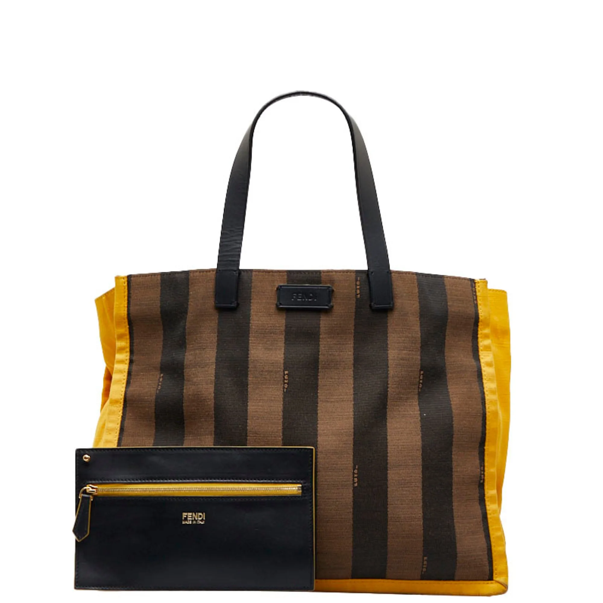 FENDI Pecan Handbag Tote Bag 8BH252 Brown Black Yellow Canvas Leather Women's