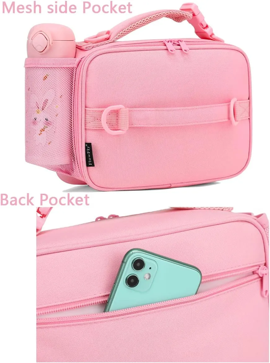 FlowFly Kids Lunch Bag, Durable Insulated School Lunch Box with Shoulder Strap and Bottle Holder, Water-resistant Thermal Small Lunch Cooler Tote for Teen Boys & Girls,Pink