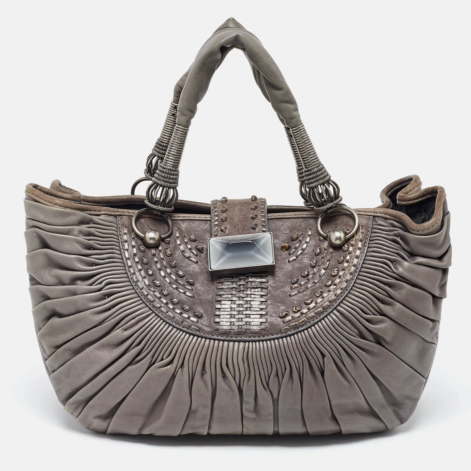 Grey Pleated Leather Plisse Tote