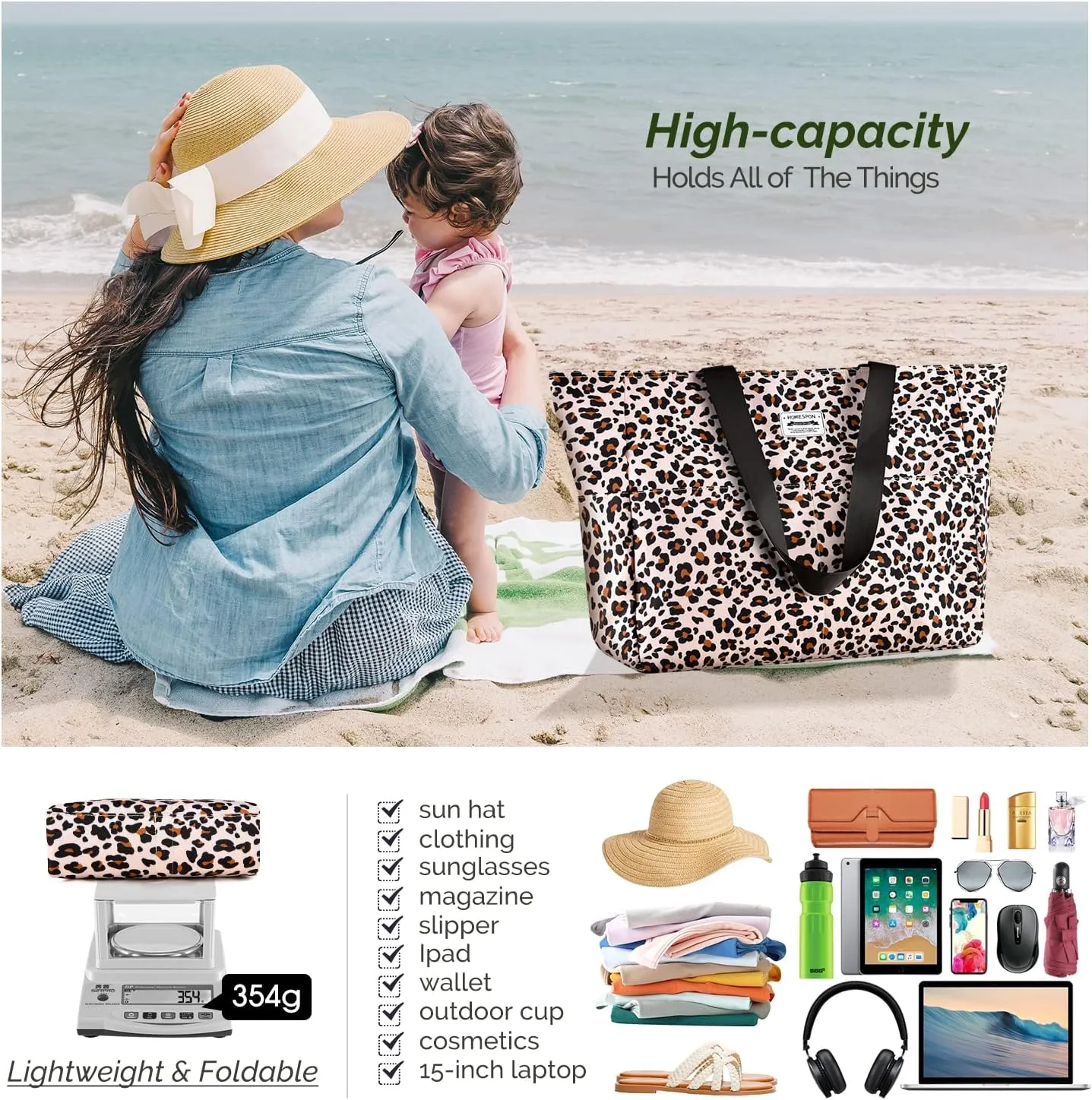 HOMESPON Large Waterproof Beach Bag for Women Sandproof Tote Bag Pool Bag with Zipper and Pockets for Travel Vacation Gym