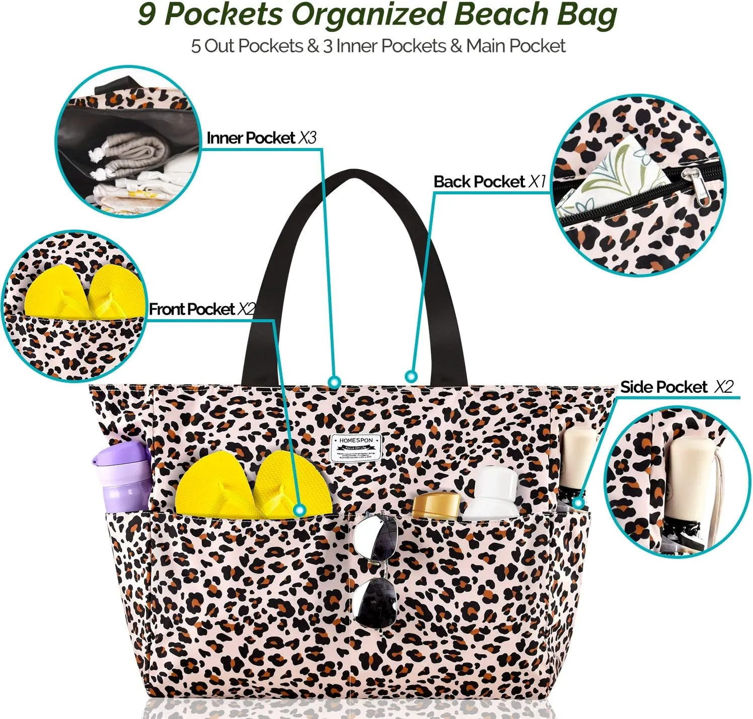 HOMESPON Large Waterproof Beach Bag for Women Sandproof Tote Bag Pool Bag with Zipper and Pockets for Travel Vacation Gym