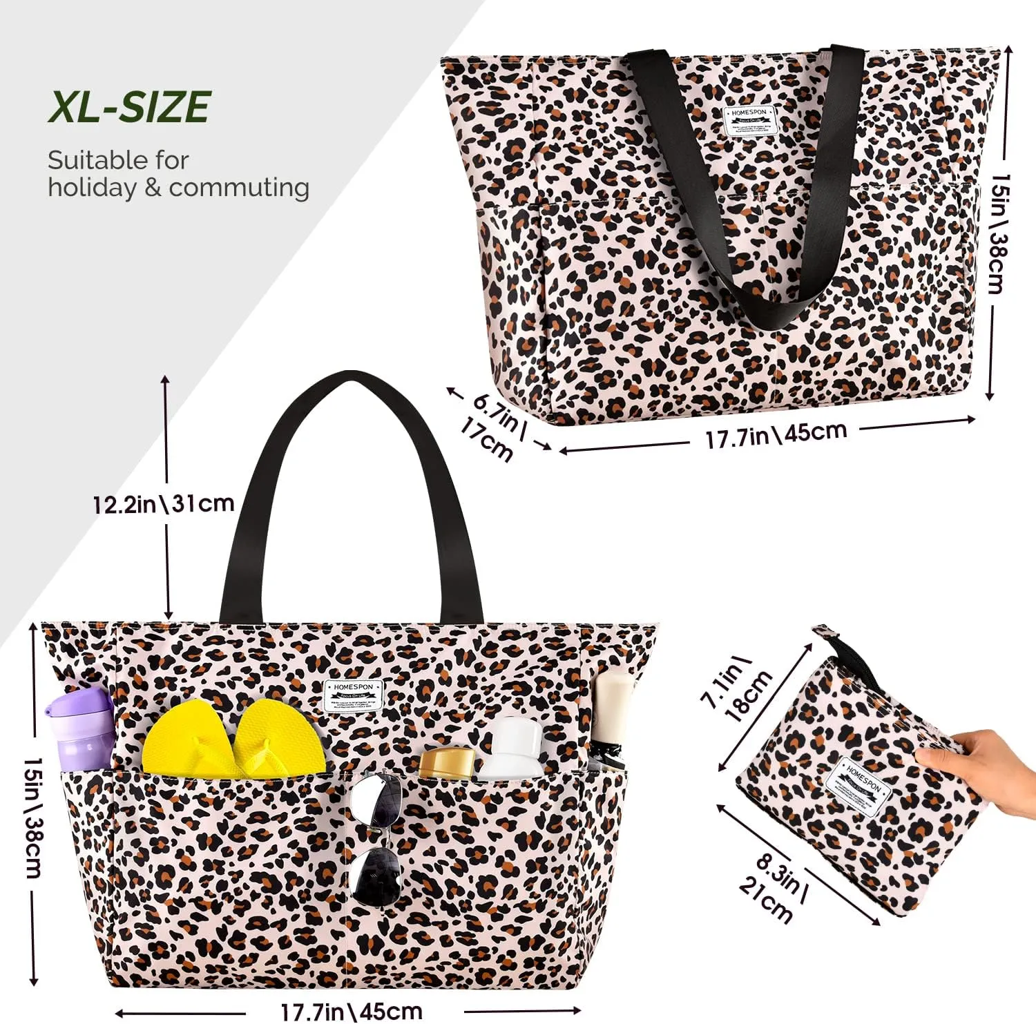 HOMESPON Large Waterproof Beach Bag for Women Sandproof Tote Bag Pool Bag with Zipper and Pockets for Travel Vacation Gym
