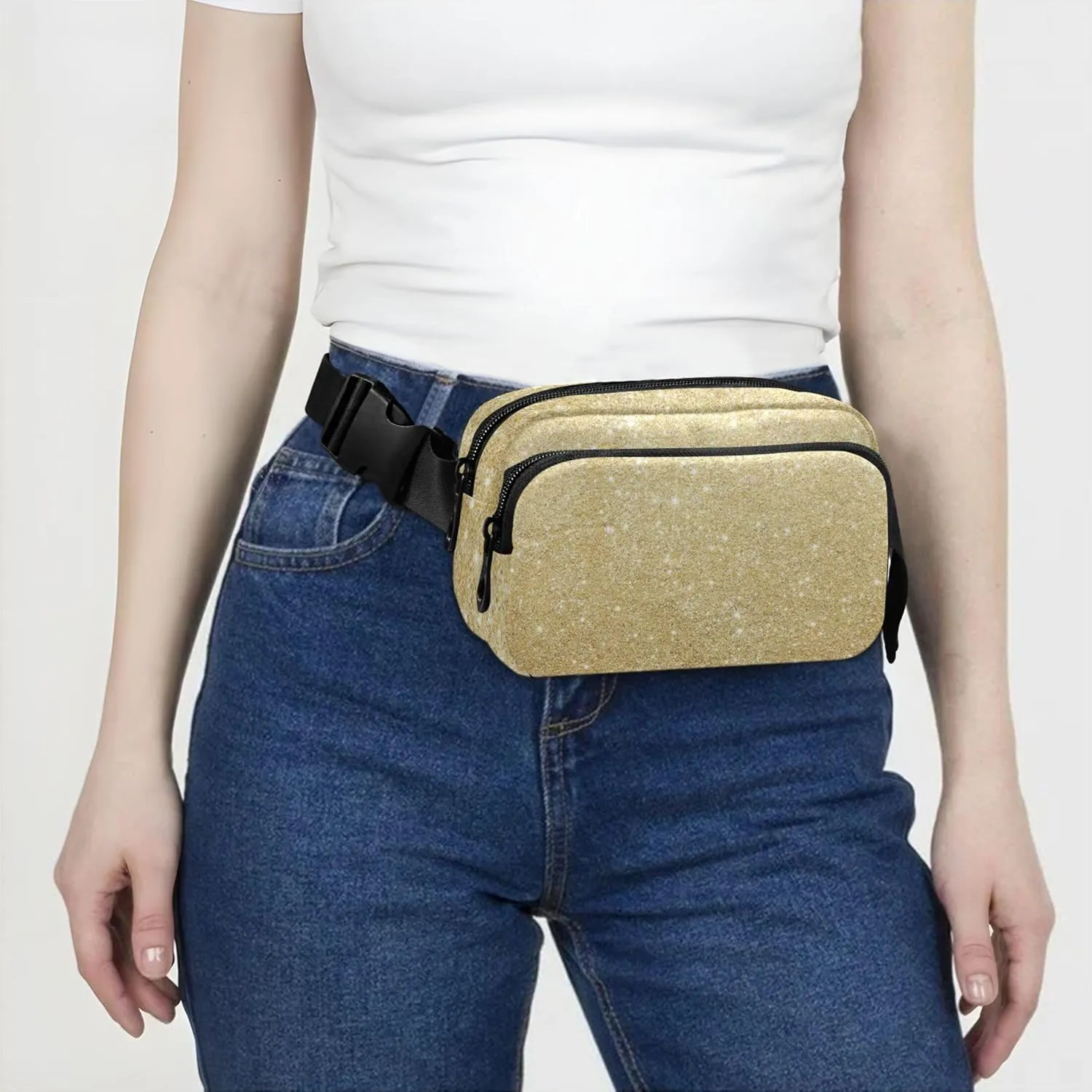 Iridescent Golden Digital Paper Women Fanny Pack Waterproof Belt Bag Hip Pack Hiking Cross Body Waist Purse