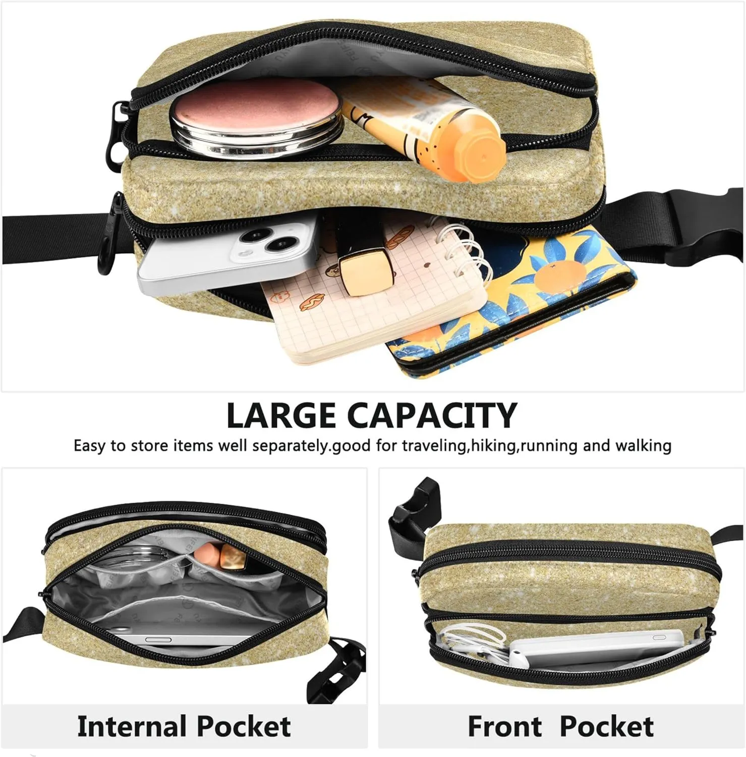 Iridescent Golden Digital Paper Women Fanny Pack Waterproof Belt Bag Hip Pack Hiking Cross Body Waist Purse