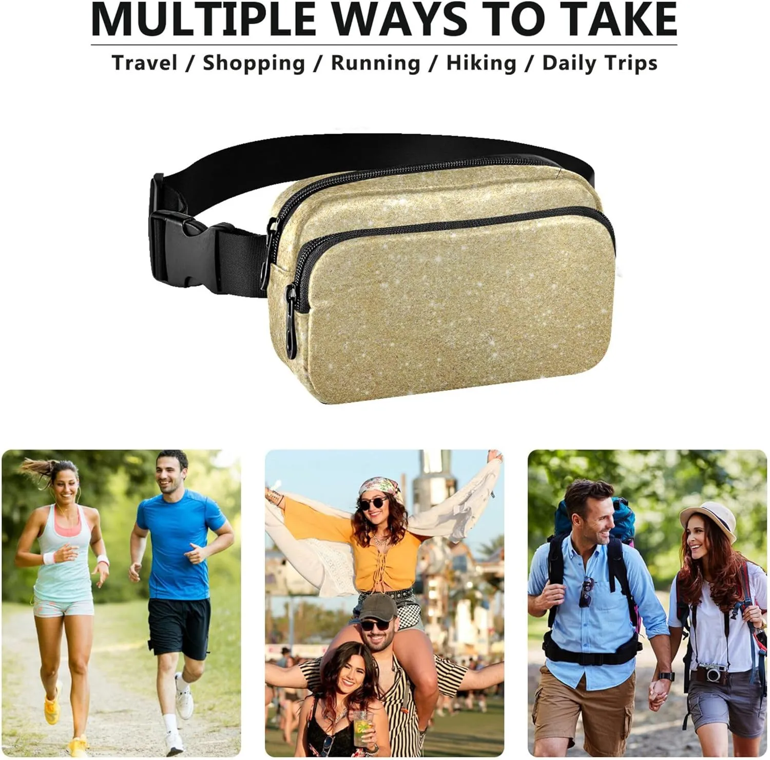 Iridescent Golden Digital Paper Women Fanny Pack Waterproof Belt Bag Hip Pack Hiking Cross Body Waist Purse