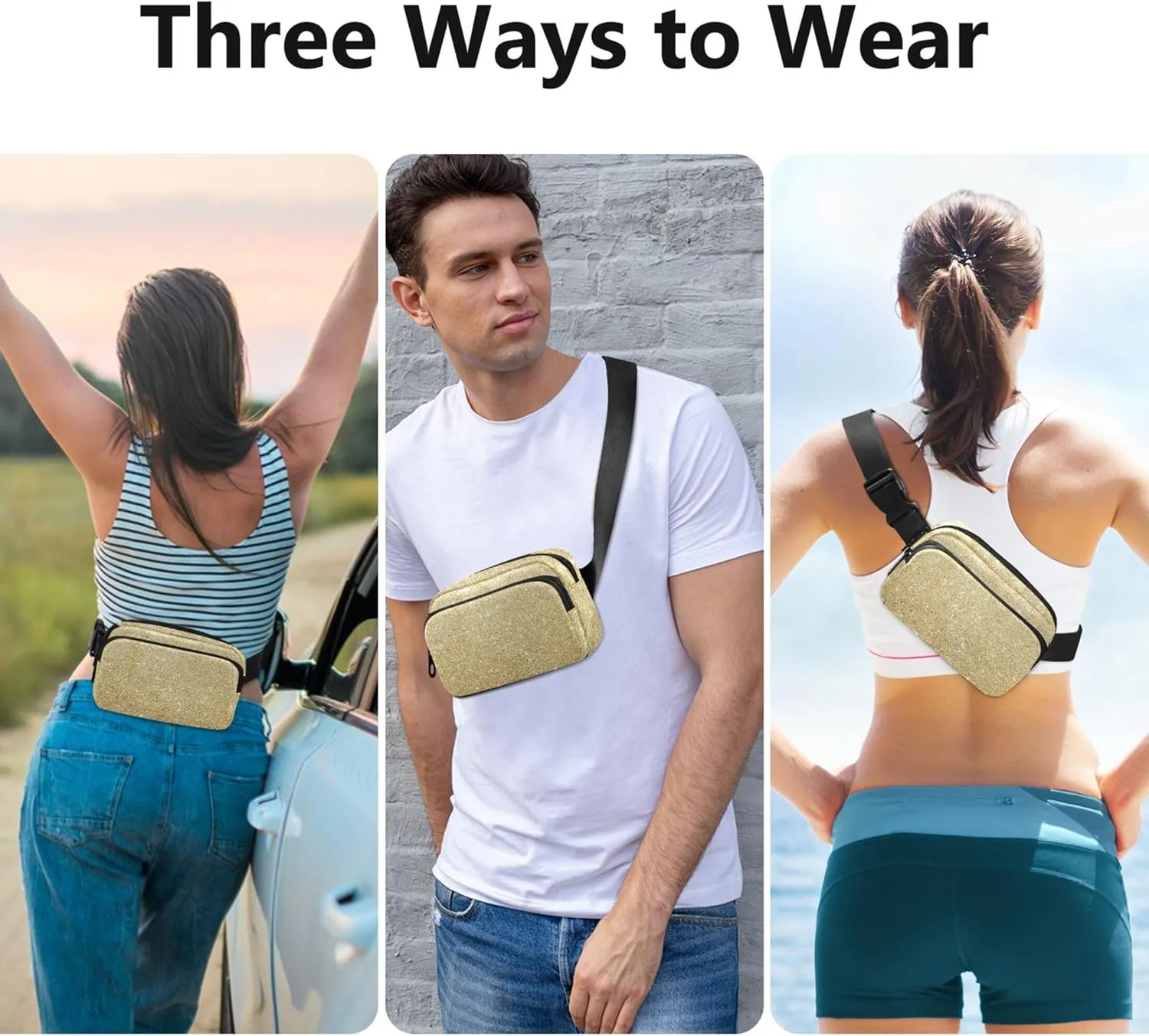 Iridescent Golden Digital Paper Women Fanny Pack Waterproof Belt Bag Hip Pack Hiking Cross Body Waist Purse