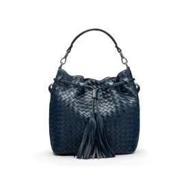 Kelly Woven Leather Bucket Bag - Navy