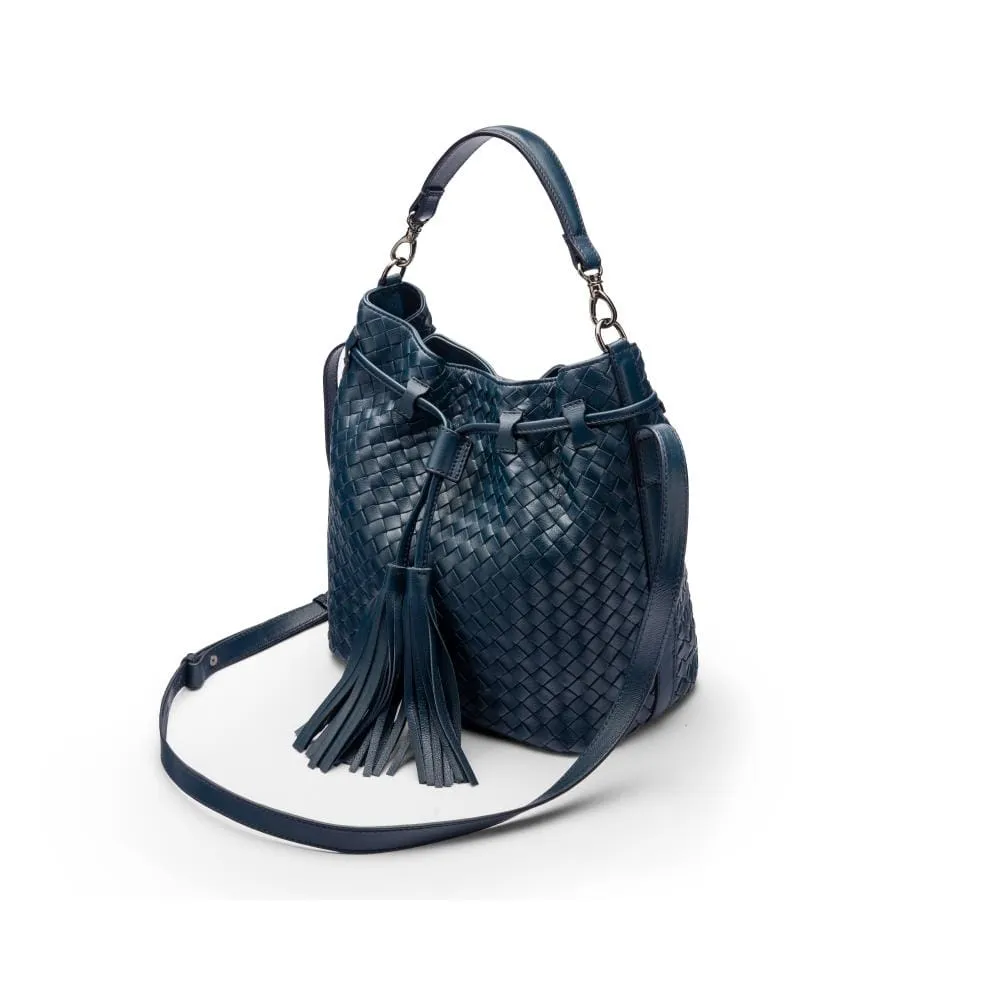 Kelly Woven Leather Bucket Bag - Navy