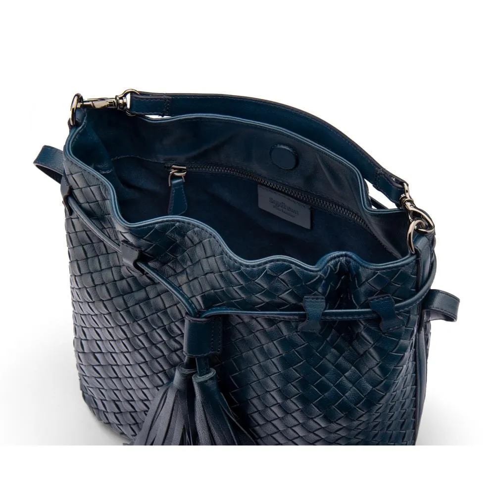Kelly Woven Leather Bucket Bag - Navy