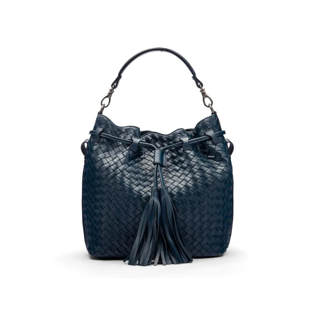 Kelly Woven Leather Bucket Bag - Navy