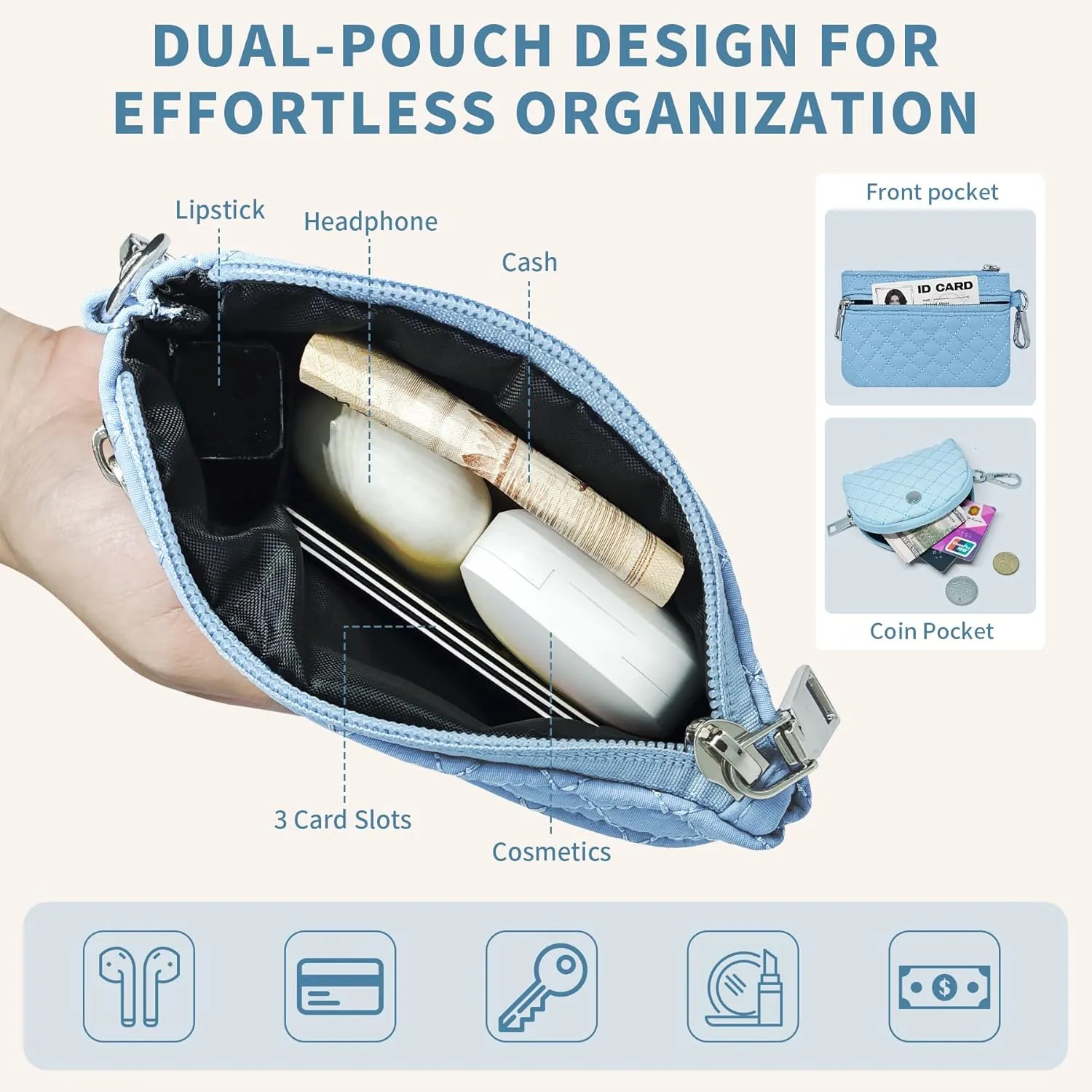 Keychain Wristlet Wallet for Women Zippered Dual Pouch Wristlet Nylon Coin Purse Small Wallet with Key Ring
