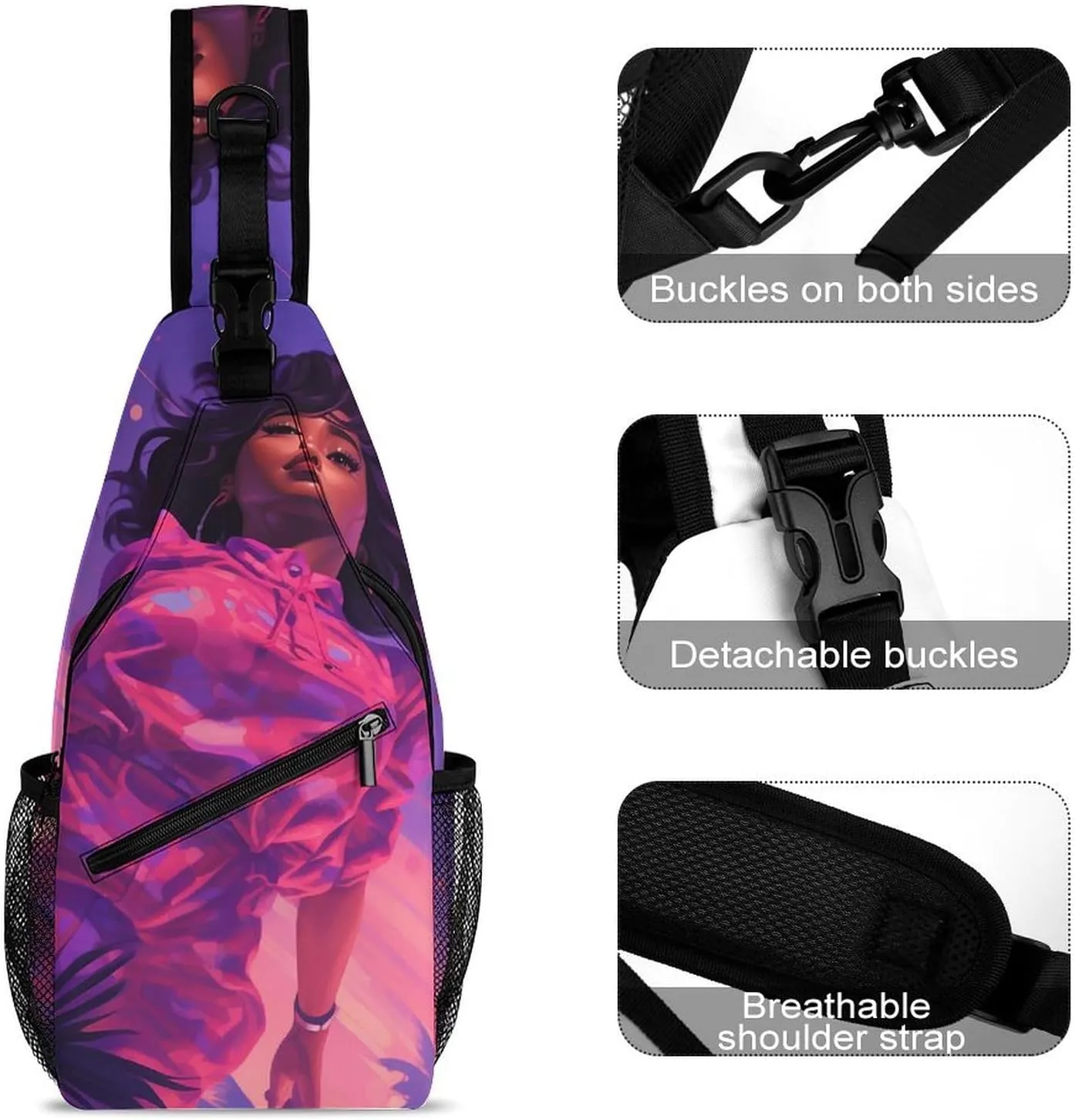Lightweight Chest Bag Crossbody Bag Purple And Pink Woman Sling Backpack for Women Men Sports Travel