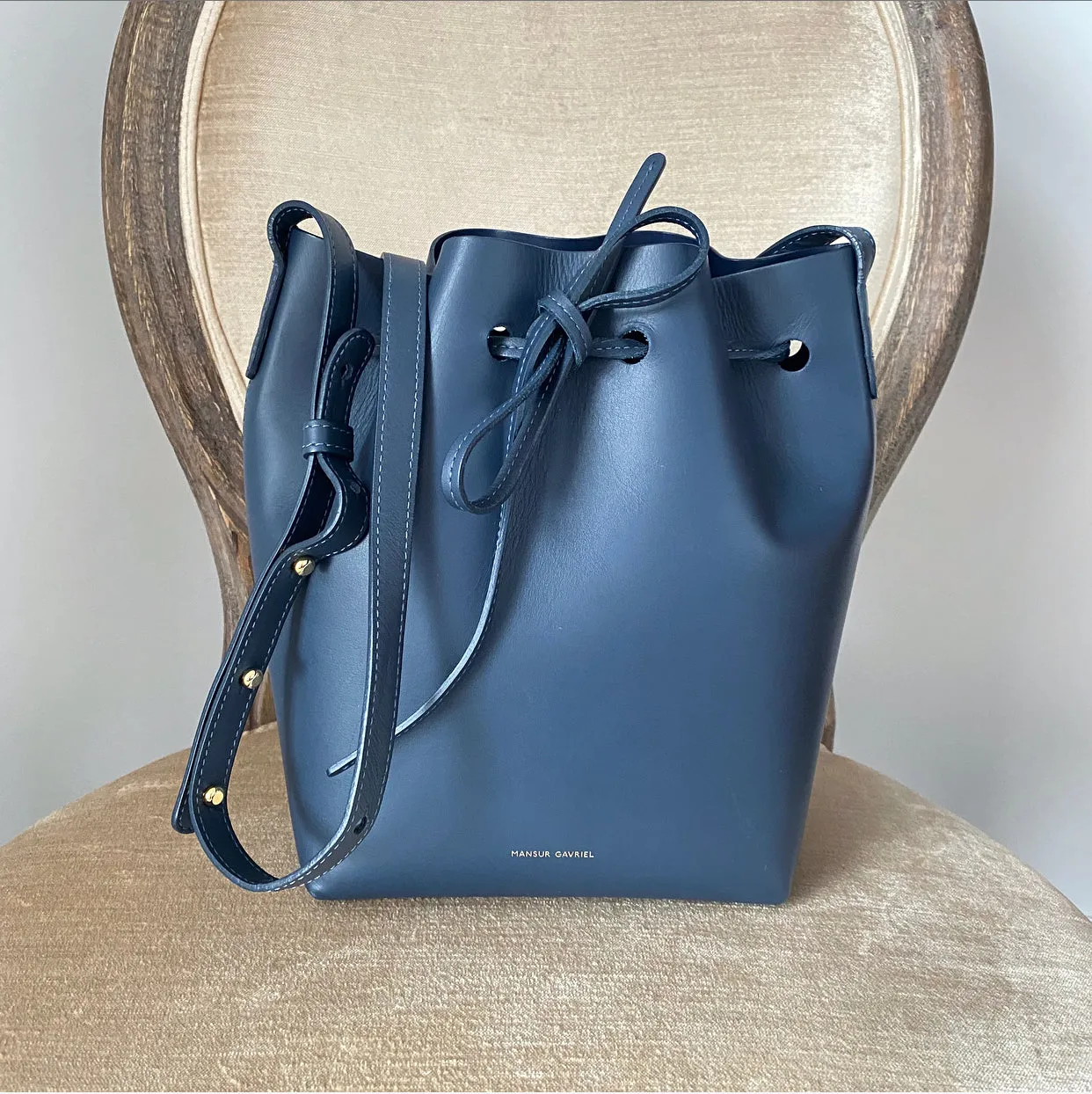 Mansur Gavriel Navy Blue Mini Drawstring Bucket Bag