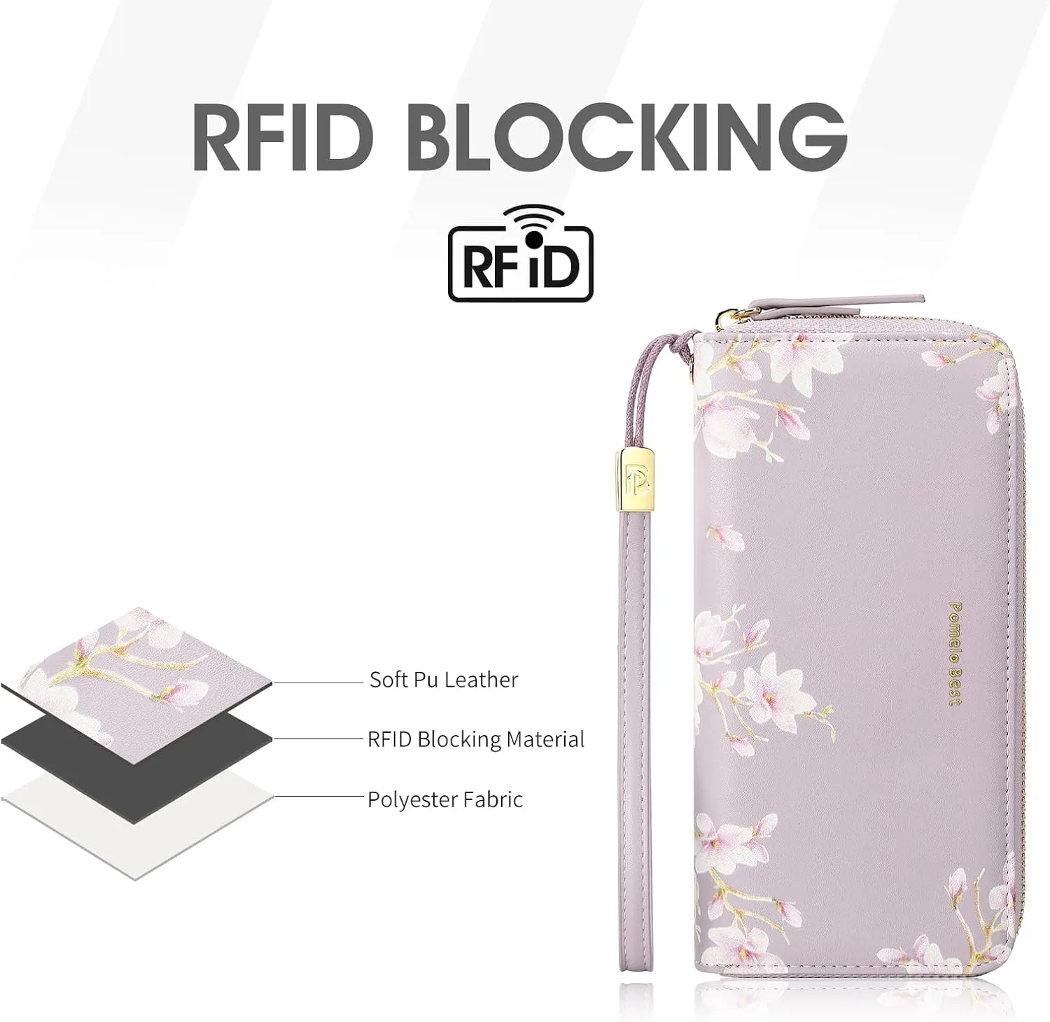 Pomelo Best Wallet Women RFID Blocking Leather Multi Credit Card Large Capacity Zip Around Wallets Clutch with Wristlet Floral Travel Long Purse Purple