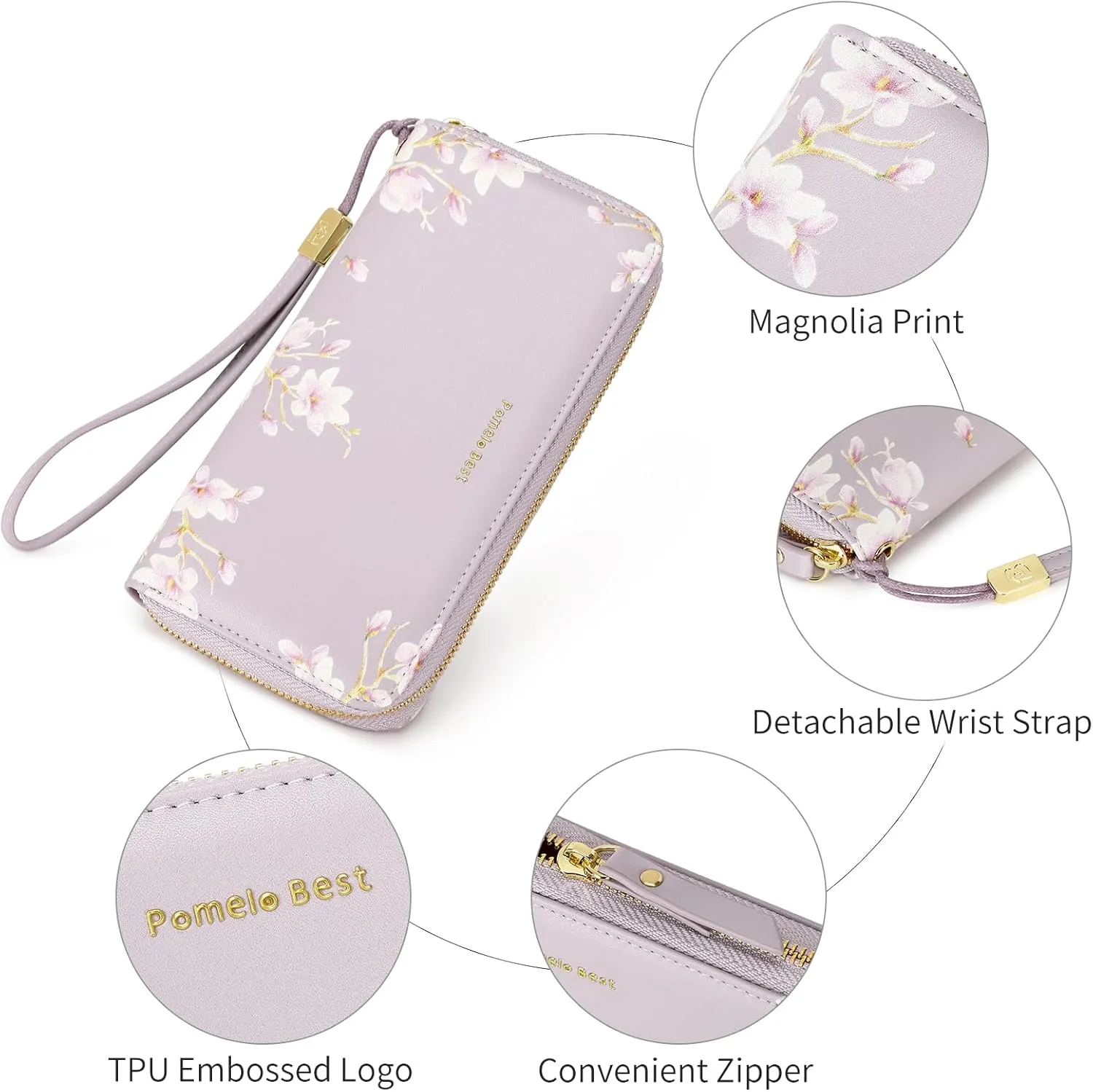Pomelo Best Wallet Women RFID Blocking Leather Multi Credit Card Large Capacity Zip Around Wallets Clutch with Wristlet Floral Travel Long Purse Purple