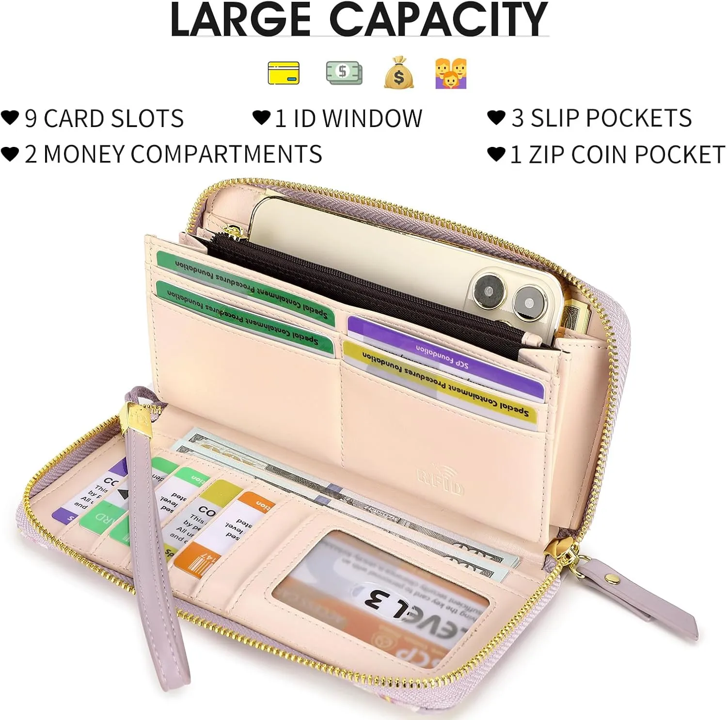 Pomelo Best Wallet Women RFID Blocking Leather Multi Credit Card Large Capacity Zip Around Wallets Clutch with Wristlet Floral Travel Long Purse Purple